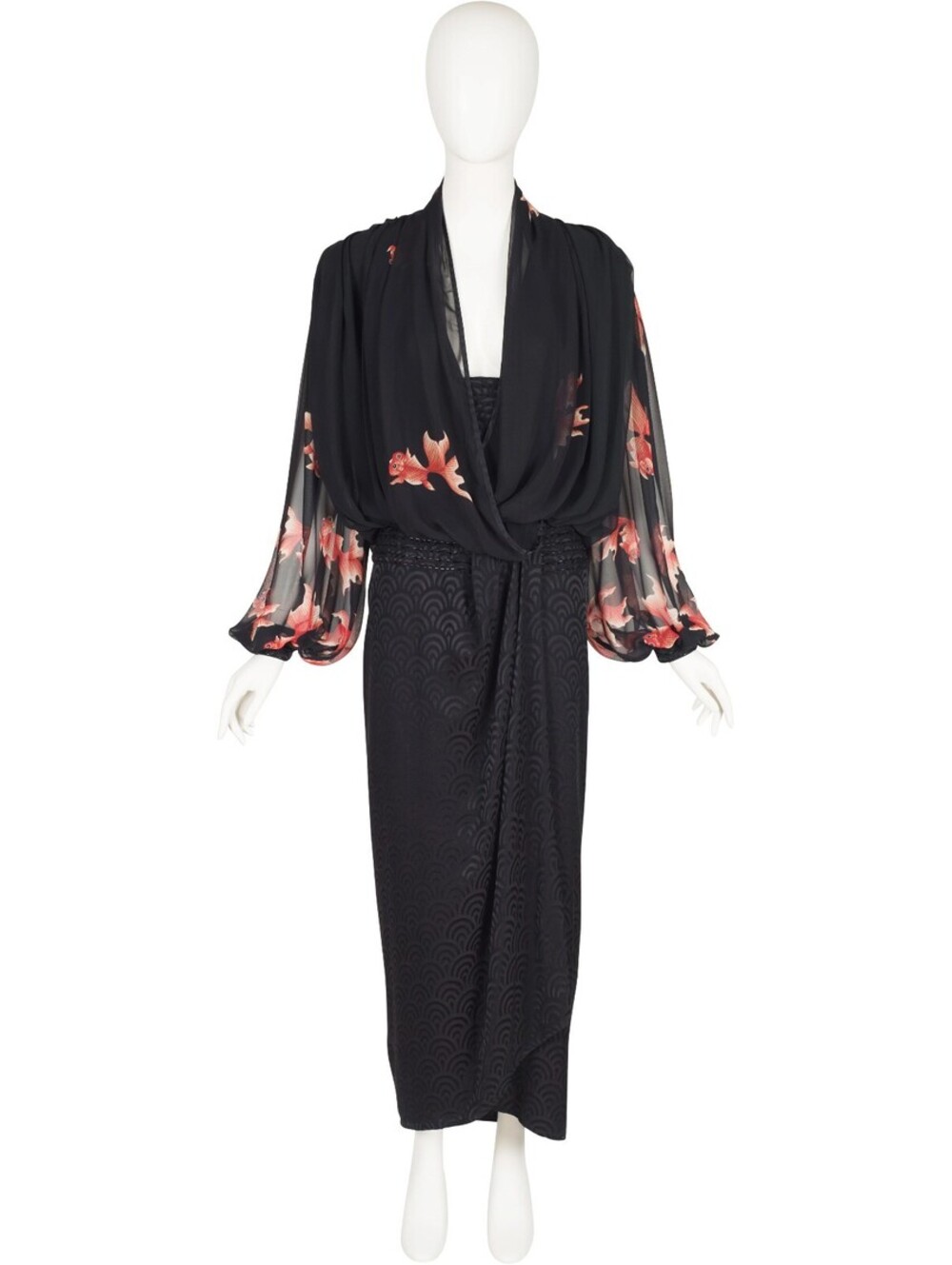 Vintage 1980s Wayne Clark Koi Fish Print Beaded Evening Dress